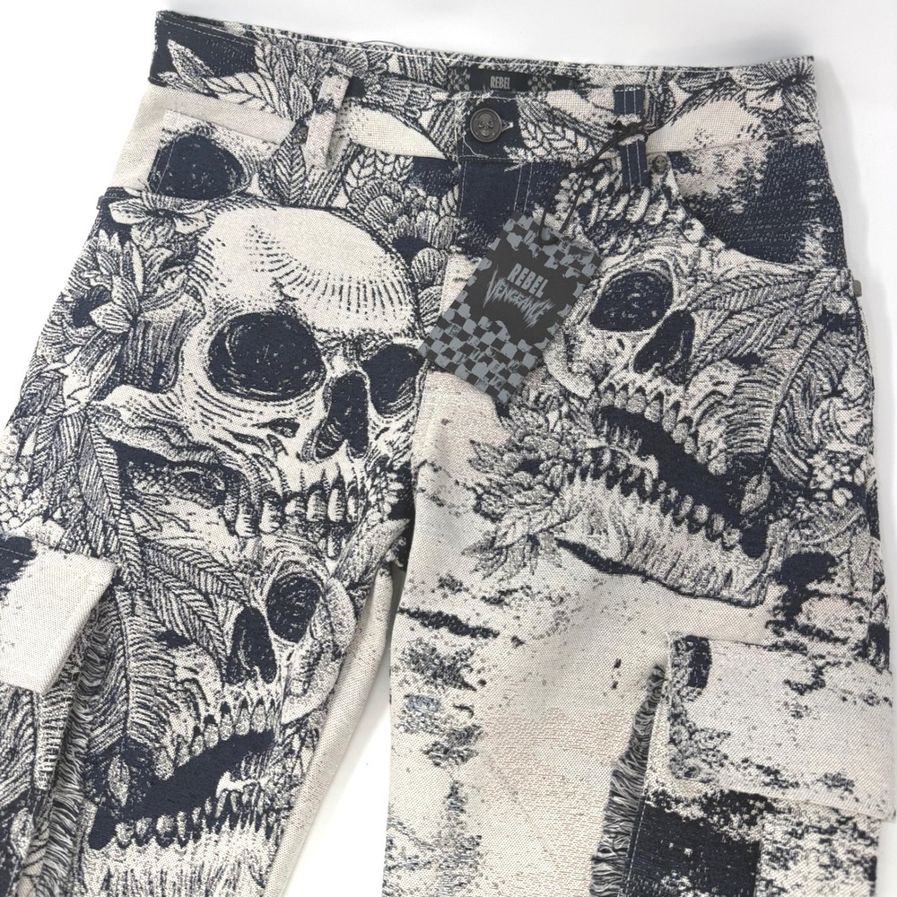 Rebel Vengeance Mens Size 30 Skull Tapestry Cargo Pants Black Cream Woven NEW